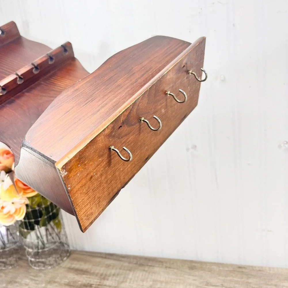 Vintage Wood Spoon Rack - 12 Spoon Display with Pocket‎ Shelf